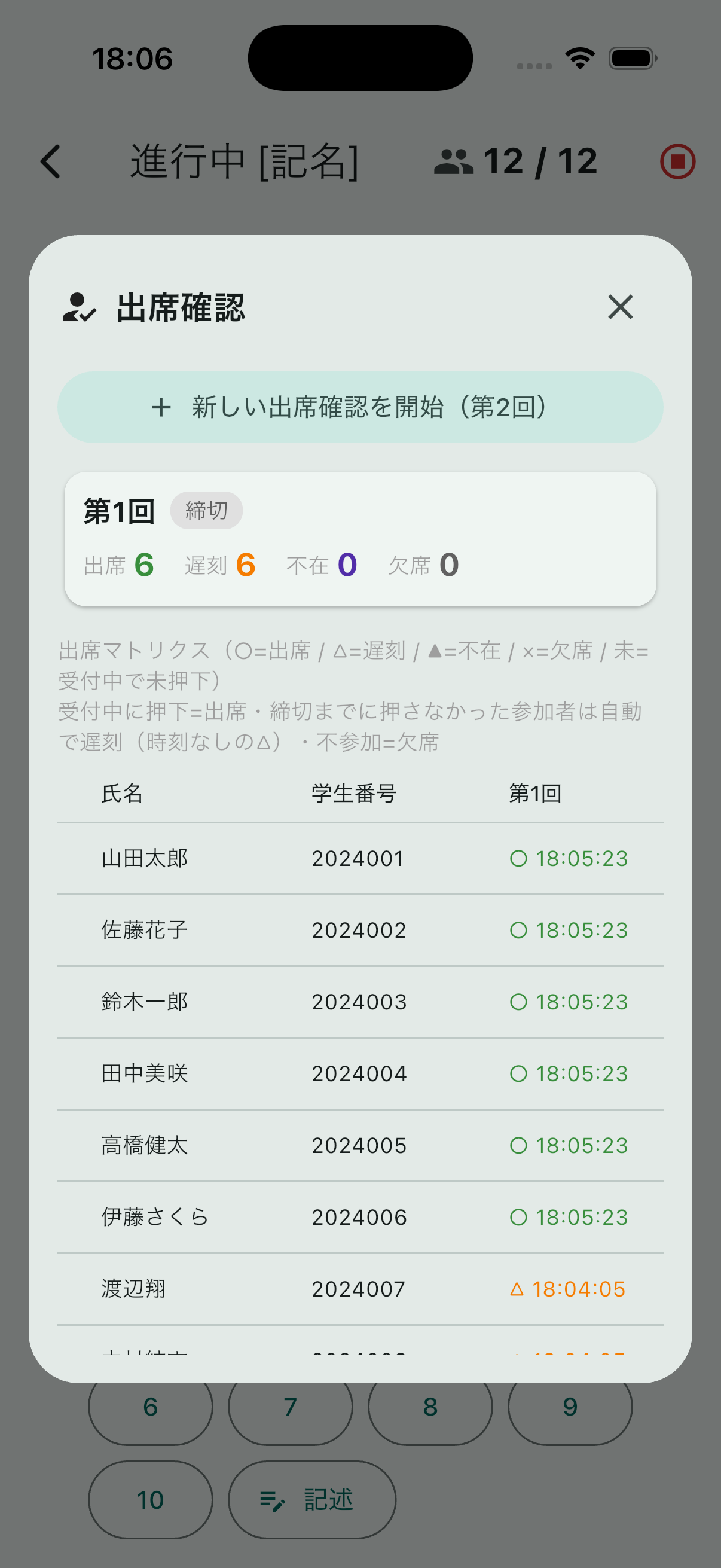 出席確認画面。回ごとの集計と、名簿と突き合わせた出席マトリクス
